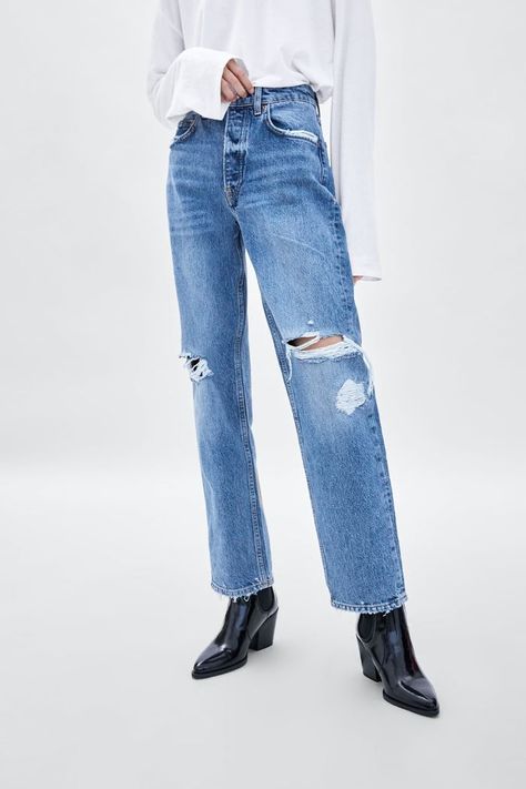 Zara Straight Leg Mid-Rise Damaged Jeans Damage Jeans, Damaged Jeans, Fall Denim Trends, Metallic Denim, End Of Story, Sequin Blazer, Fashion Bottoms, Fall Denim, Zara Shirt