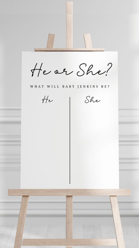 He or She Baby Shower Game, What will Baby Be? in a Minimal elegant theme Shown printed on an Easel Gender Guessing Ideas, Gender Reveal Games Ideas, Gender Reveal Games For Guests, Gender Reveal Games Activities, Baby Gender Reveal Party Games, Gender Reveal Activities, Guess The Gender, Gender Guessing, He Or She Gender Reveal