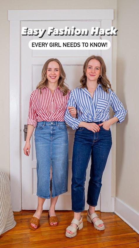 Sarah & Leah •Work Wear •Everyday Outfits •NYC Living | Style hack: how to twist tie your button up shirts. This is our favorite way to tuck a button down without the bulk. Also works great with… | Instagram Tying Long Shirts, How To Tie An Oversized Button Up Shirt, How To Wear Long Sleeve Button Up Shirts, Tying Button Up Shirt Hack, Ways To Wear A Button Down Shirt, How To Button A Shirt Hack, How To Tie Front Knot Button Down Shirt, How To Tuck In A Button Up Shirt, Tiring A Button Up Shirt