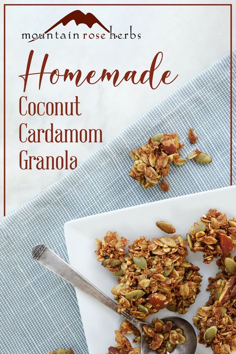 Homemade Coconut Vanilla Cardamom Granola Diy Granola Recipe, Healthy Nuts And Seeds, Diy Granola, Organic Turmeric Powder, Homemade Vanilla Extract, Mountain Rose, Mountain Rose Herbs, Healthy Nuts, Portable Snacks