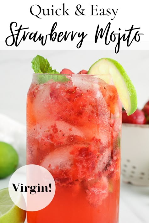 Virgin Strawberry Mojito, Strawberry Mojito Mocktail, Strawberry Mocktail Recipe, Strawberry Mojito Recipe, Easy Mocktails, Mojito Drink, Easy Mocktail Recipes, Virgin Drinks, Mocktail Drinks