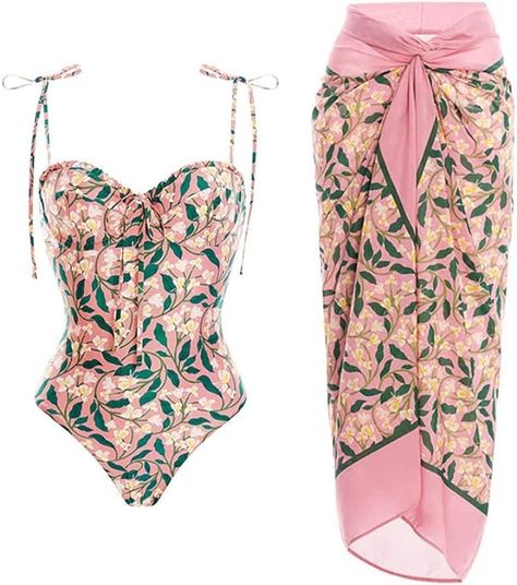 IDOPIP Women's One Piece Swimsuit with Cover up Beach Skirt Retro Floral Printed Swimsuit Bathing Suit Halter Monokini Swimwear Sarong Coverups Two Piece Bikini Set Beachwear Pink - Spaghetti Straps M at Amazon Women’s Clothing store Swimsuit With Cover Up, Chiffon Beach Dress, Plus Size One Piece, Monokini Swimsuits, Beach Skirt, One Piece For Women, Sarong, Beach Dress, Style Retro