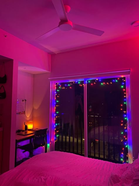 christmas lights Christmas Bedroom Lights, Colorful Christmas Lights In The Bedroom, Christmas Lights Bedroom Ideas, Christmas Light Room Decor, Interior Christmas Light Ideas, Christmas Aesthetic Apartment, Christmas Lights Room Decor, Christmas Lights Inside Window, Christmas Lights Room