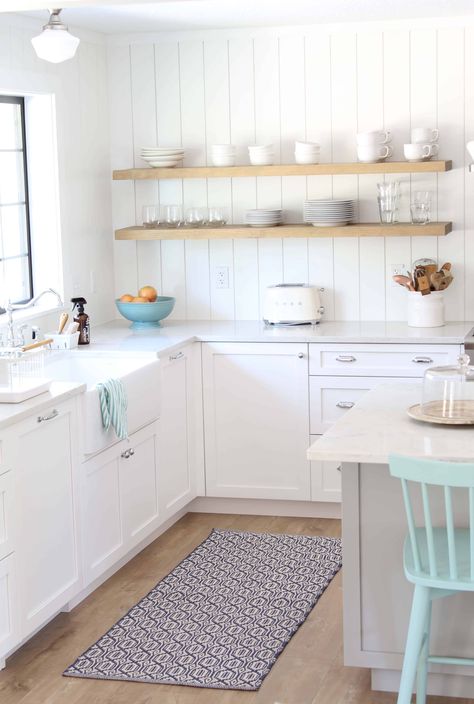 Such an adorable kitchen! Love the vertical shiplap and open shelving! #scandinaviankitchenstyle #modernfarmhousekitchen #whitekitchen #openshelving #graykitchen Kitchen Vertical Shiplap, Vertical Shiplap In Kitchen, Vertical Shiplap Backsplash, Scandinavian Kitchen Backsplash, Scandinavian Farmhouse Kitchen, Beadboard Kitchen Backsplash, White Scandinavian Kitchen, Shelves Styling, Garage Redo