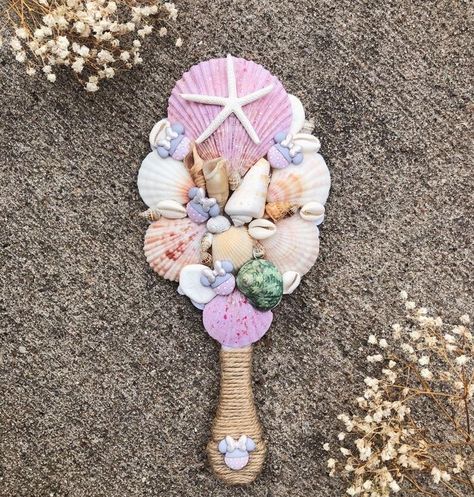 Sea Shell Mirror, Minnie Mouse Purple, Seashell Mirror, Ariel Disney, Shell Mirror, Handmade Mirrors, Mermaid Shell, Mermaid Diy, Disney Sea