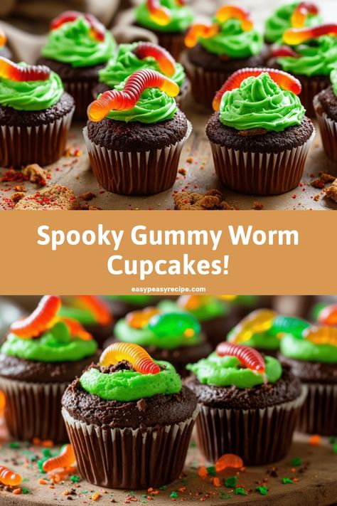 Chocolate cupcakes with green frosting topped with gummy worms for a spooky Halloween treat. Gummy Worm Cupcakes, Scary Halloween Dessert Ideas, Worm Cupcakes, Quick Sweets, Candy Corn Recipe, Spooky Dinner, Gummy Worm, Cake Mix Ingredients, Fun Baking