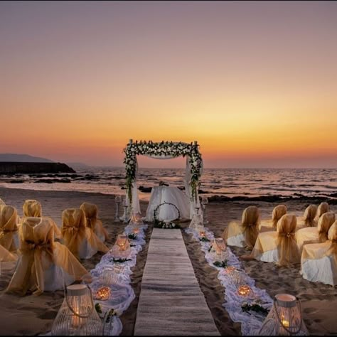 Wedding Venues Beach Sunset, Sunset Beach Wedding Decorations, Wedding Ideas Abroad, Beach Wedding Greece, Greece Beach Wedding, Greek Beach Wedding, Percabeth Wedding, Greece Wedding Venues, Crete Wedding