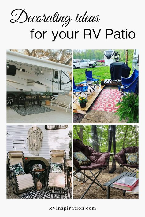 Decorating ideas for your RV patio or campsite that will inspire you to create a relaxing outdoor living space at your RV park, campground, or boondocking spot. | RVinspiration.com | #RVpatioideas #RVpatiodecoratingideas #campsitedecoratingideas #RVcampsitedecoratingideas Trailer Decor Outside, Seasonal Campsite Decorating Ideas, Outdoor Rv Decorating, Rv Site Decorating Ideas, Rv Airbnb Ideas, Camper Set Up Ideas Campsite, Camp Set Up Ideas Campsite, Outdoor Rv Patio Ideas, Seasonal Campsite Ideas Yards