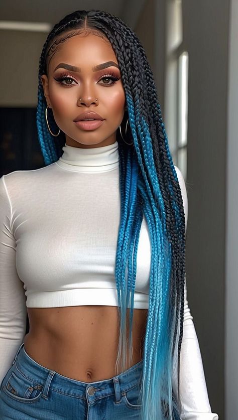 Blue Knotless Braids, Blue Knotless, Elegant Braided Hairstyles, Blue And Black Braids, Black Braids Hairstyles, Knotless Braids Styles, Gemini Hair, Men Fade Haircut Short, Chunky Highlights