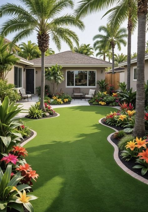 Patio Design Front Of House, Tropical Landscaping Front Yard Florida, Home Front Yard, Palm Trees Landscaping, Tropical Landscape Design, Tropical Garden Design, Front Garden Landscape, Tropical Backyard, Trees And Flowers