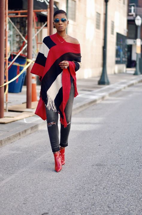 Red Poncho Red Dress Outfit Casual, Poncho Outfit, Shawl Fashion, Clothing For Tall Women, Red Dress Outfit, Red S, Red Boots, Red Outfit, Fringe Trim