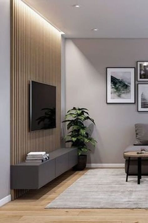 Wood Slat Wall Ikea, Wood Panneling Media Wall, Wooden Wall Panels Tv, Slated Wood Wall With Mirror, Wood Panel Tv Wall Bedroom, Living Room Tv Wall Wood Panel, Modern Tv Slat Wall, Pole Wrap Accent Wall Tv, Wood Slat Tv Media Wall