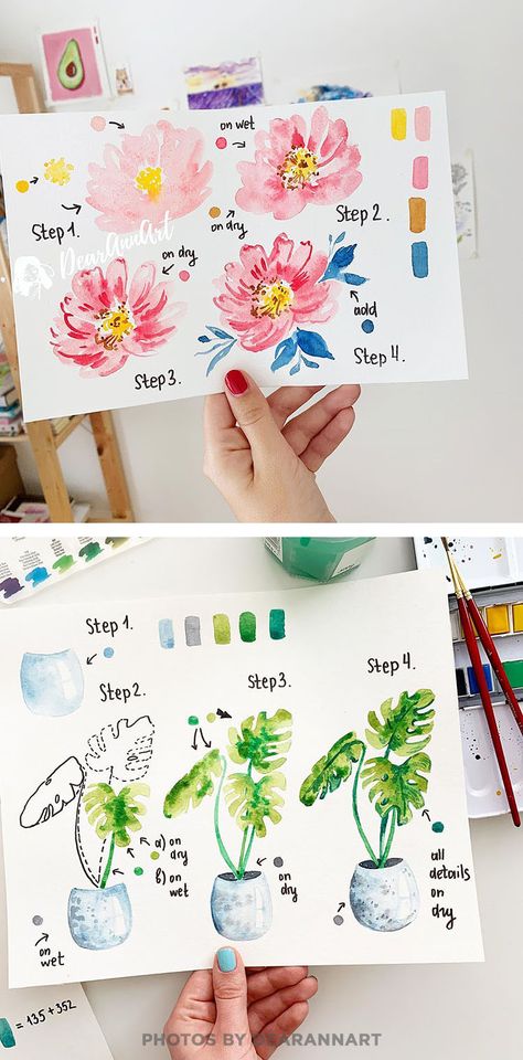 Watercolor Potted Plants Tutorial, Diy Botanical Watercolor, Basic Watercolor Flowers, Beginner Painting Watercolor, Watercolor Art For Beginners Step By Step Flowers, Easy Watercolor Plants, Watercolour Plants Simple, Watercolor Diy Tutorials, Diy Watercolor Flowers