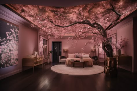 Cherry Blossom Salon Decor, Sakura Room, Cherry Blossom Room, Japanese Inspired Bedroom, Asian Room, Greenwich House, Flower Room Decor, Exterior Interior Design, Zen House