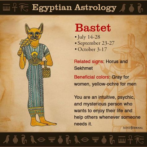 Egyptian Astrology: What Your Egyptian Zodiac Sign Says About Your Personality Egyptian Zodiac Signs, Egyptian Astrology, Bastet Goddess, Egyptian Goddess Art, Egyptian Cat Goddess, Ancient Egypt Gods, Tarot Horoscope, Egyptian Deity, Ancient Egyptian Gods