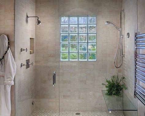 Shower With Block Window, Glass Block Windows In Bathroom, Glass Block Shower Window, Walk In Bathroom Showers, Bathroom Window Glass, Glass Block Shower Wall, Glass Block Shower, Glass Barn Doors Interior, Glass Blocks Wall