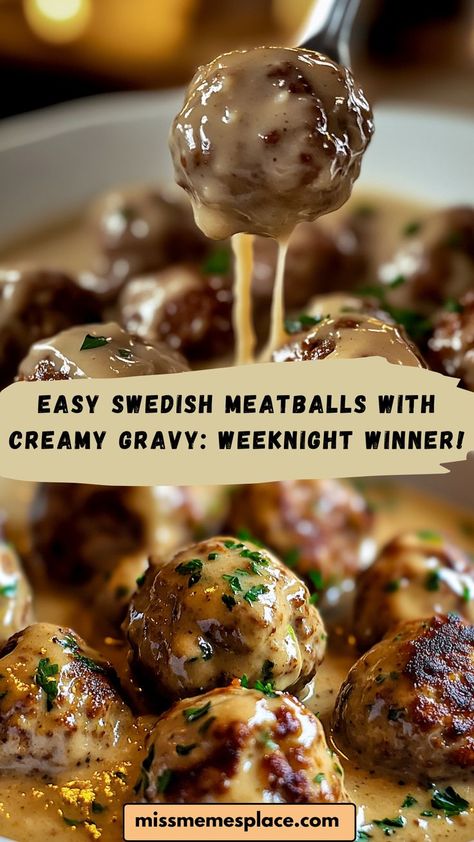 Make dinner easy with Swedish Meatballs with Creamy Gravy! This quick recipe features flavorful meatballs enveloped in a velvety gravy. Serve over noodles or creamy mashed potatoes for a comforting and delicious meal that’s perfect for busy nights. Meatballs And Gravy Over Noodles, Ground Chicken Swedish Meatballs, Meatballs In Gravy Crockpot, Different Meatball Recipes, Saucy Meatballs Recipe, Meatball And Gravy Recipes, Gravy For Meatballs, Swedish Meatball Recipe Crockpot, Swedish Meatball Gravy Recipe