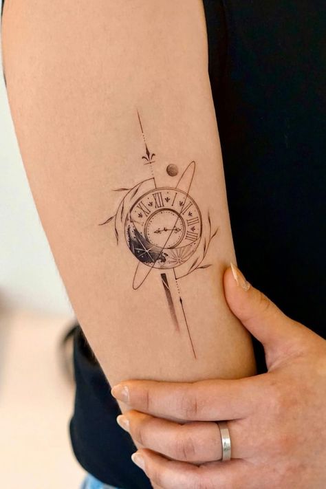 27 Unique Clock Tattoo Design Ideas to Inspire You Life Clock Tattoo, Prague Astronomical Clock Tattoo, Dainty Clock Tattoo, Minimal Clock Tattoo, Warped Clock Tattoo, Time Tattoo Minimalist, Moon Clock Tattoo, Clock Tattoo Minimalist, Fine Line Clock Tattoo