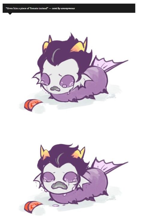 when you realize he's not crying cuz it's a tomato, he's crying cuz it's red. k a n k r i... Grubs Homestuck, Homestuck Grubs, Homestuck Cute, Cronus Ampora, Homestuck Trolls, Home Stuck, Batman Funny, Zodiac Art, Homestuck