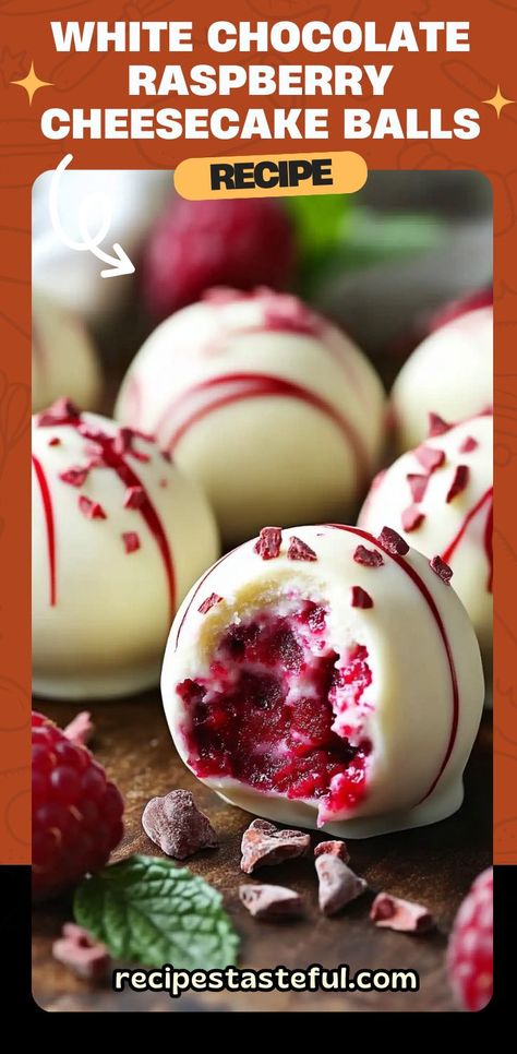 These White Chocolate Raspberry Cheesecake Balls are a perfect bite-sized dessert that combines creamy cheesecake, fresh raspberries, and silky white chocolate. Perfect for any occasion, these cheesecake balls are easy to make and are sure to impress. #cheesecakeballs #raspberrydesserts #whitechocolatedessert #cheesecakebites #partyrecipes #dessertideas Easy New Year Desserts Ideas, White Raspberry Cheesecake Balls, New Years Sweet Treats, White Chocolate Cheesecake Balls, White Chocolate Raspberry Cheese Balls, Raspberry Balls Recipe, New Years Recipes Dessert, Easy New Year Desserts, New Years Desserts Ideas