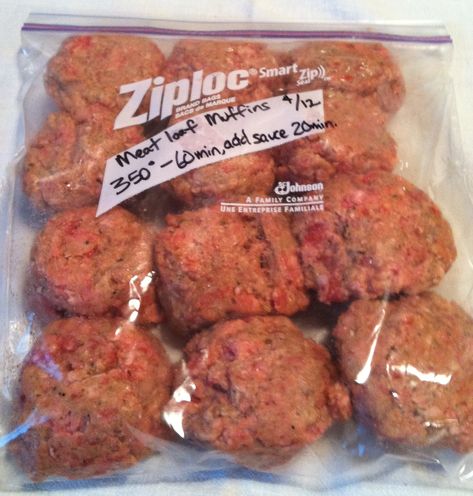 bag of meatloaf muffins Freezer Meatloaf, Meatloaf Patties, Meatloaf Muffins Recipe, Freezer Ideas, Freeze Ahead Meals, Freezer Dinners, Meatloaf Muffins, Make Ahead Freezer Meals, Hot Sausage