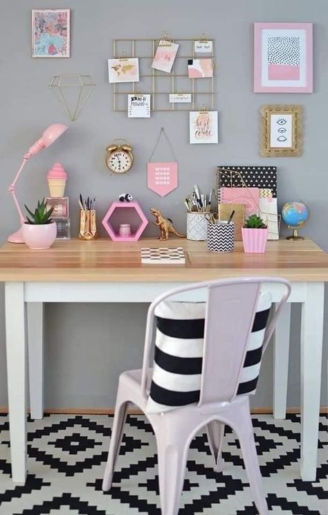 "Transform your workspace into a haven of productivity and style with these easy office decor ideas! 🌟 From vibrant desk organizers to cozy throw pillows, discover simple ways to add a touch of personality to your workspace. Say goodbye to boring offices and hello to a space that sparks creativity! ✨ #OfficeDecor #WorkplaceInspiration #SimpleJoys" Desk For Girls Room, Bedroom Decor For Women, Feminine Home Offices, Study Room Decor, Small Room Design, Teen Bedroom Decor, Room Design Bedroom, Girl Bedroom Decor, Room Makeover Bedroom