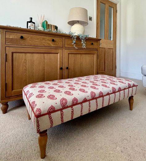 A beautiful ticking stripe fabric coffee table footstool sitting on wood feet with piping detail, various fabric colours available. Dimensions : Width 100cm, Depth 50cm, Height 35cm Bedroom Ottoman Ideas, Upholstered Coffee Table Ottoman, Upholstered Ottoman Coffee Table, Fabric Coffee Table, Upholstered Coffee Table, Upholstered Coffee Tables, Large Footstools, Bedroom Ottoman, Susie Watson