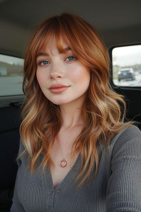 Full Haircut, Red Hair With Bangs, Blonde Hair Transformations, Side Bangs Hairstyles, Oval Face Hairstyles, Long Hair With Bangs, Side Bangs, Hair Color And Cut, Auburn Hair