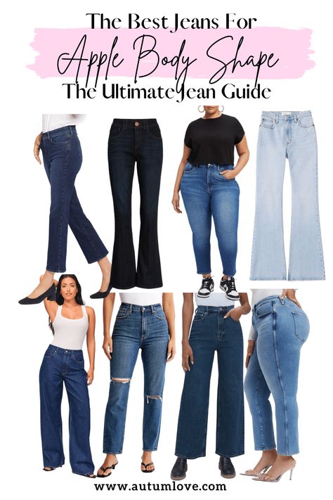 Mom Jeans For Apple Shape, Apple Shape Flare Jeans, Best Jeans For Body Type Apple, Best Jeans For Apple Shape, Apple Shape Jeans Outfit, Best Jeans For Apple Shaped Women, Pants For Apple Shaped Women, Apple Shape Jeans, Jeans For Apple Shaped Women