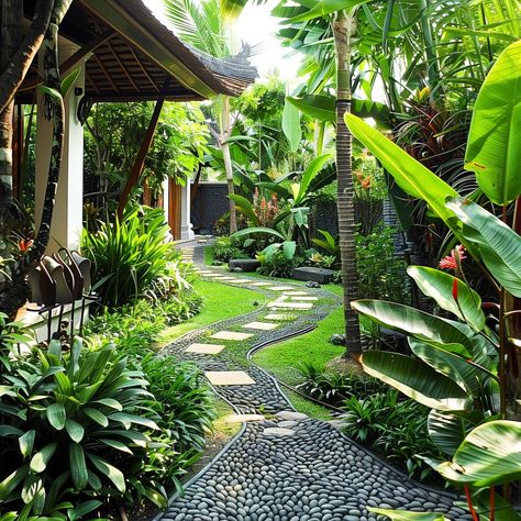 Pathway Designs Landscape, Bali Garden Ideas Backyards, Balinese Garden Bali Style, Bali Inspired Garden, Bali Inspired Backyard, Bali Garden Design, Bali Style Garden, Bali Garden Ideas, Bali Backyard