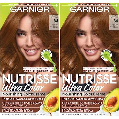 Lightest Golden Brown Hair, Chocolate Caramel Hair Color, Chocolate Caramel Hair, Chocolate Brown Hair Dye, Garnier Hair Color, Golden Brown Hair Color, Color Mask, Box Dye, Golden Brown Hair