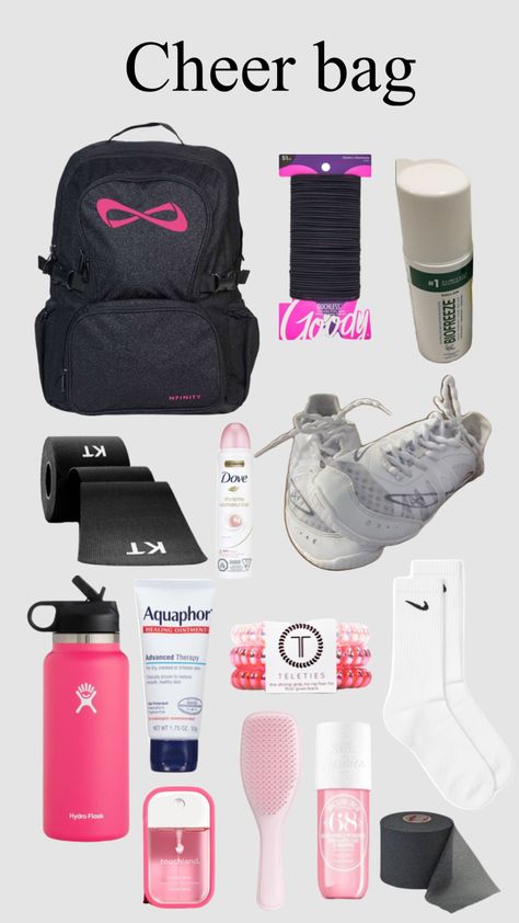 Gymnastic Outfits For Practice, Cheer Camp Essentials, Cheer Necessities, Cheerleader Must Haves, Cheerleading Tryout Outfits, What To Keep In Cheer Bag, What To Pack In Cheer Bag, What To Put In Your Cheer Bag For Practice, Cheer Bag Must Haves