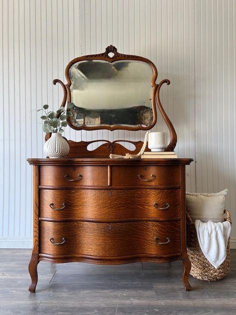 Entryway Antique Dresser, Antique Tall Dresser, Refinished Antique Furniture, Antique Wooden Dresser, Dresser And Mirror Ideas, Vintage Dresser With Mirror, Antique Wooden Furniture, Bedroom Dresser With Mirror, French Provincial Mirror