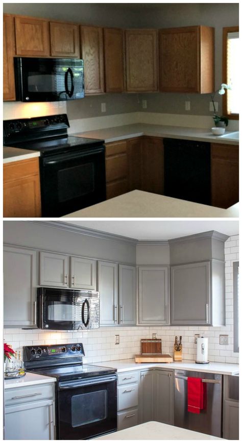 Builder Grade Kitchen, Kitchen Diy Makeover, Black Appliances, Diy Kitchen Renovation, New Kitchen Cabinets, Kitchen Cabinets Makeover, Diy Kitchen Cabinets, Kitchen Redo, Kitchen Paint