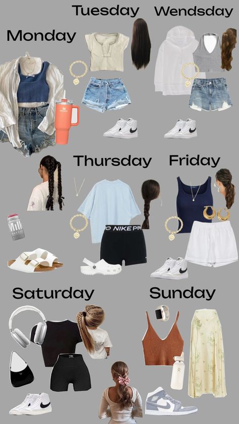 #outfitsoftheweek #monday #tuesday #wednesday #thursday #friday #saturday #sunday #outfitinspiration Monday Tuesday Wednesday Thursday Friday Outfits, What To Wear On Wednesday, Monday To Friday Outfits, Thursday Outfit, Cute Fits For School, Outfits For The Week, Monday Outfit, Cute Middle School Outfits, Sunday Clothes