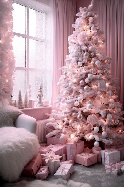 Pinkmas Tree, Pink Christmas Wallpaper Iphone, Christmas Tree Wallpaper Iphone, Girly Christmas Tree, Pink Xmas Tree, Girly Christmas Gifts, Holiday Chaos, Christmas Aesthetics, Unique Holiday Cards