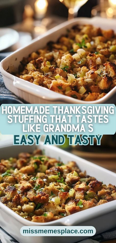 Experience the rich, comforting flavors of homemade Thanksgiving stuffing that tastes just like Grandma used to make! With simple ingredients like stale bread, fresh herbs, and savory broth, this recipe offers a delightful balance of textures and tastes. Learn how to achieve that perfect crispy topping and moist interior, while avoiding common pitfalls like dryness. Whether served alongside turkey or as a standalone dish, this stuffing will be the highlight of your holiday meal Bread Stuffing Recipes Homemade, Moist Stuffing, Thanksgiving Stuffing Recipe, Homemade Stuffing Recipes, Homemade Stuffing, Stuffing Recipes For Thanksgiving, Thanksgiving Stuffing, Stale Bread, Stuffing Recipes