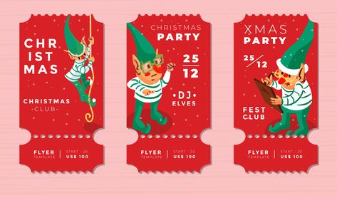 Nice Christmas themed set featuring three party tickets with snow and a cute elf in different activities. Each one can be used individually, enjoy! Christmas Ticket, Adobe Illustrator Art, Ideas Para Navidad, Party Tickets, Christmas Flyer, Ticket Design, Educational Projects, Xmas Decor, Work Inspiration