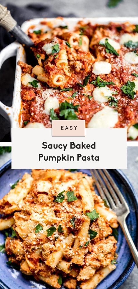 Saucy baked pumpkin pasta made with creamy pumpkin puree, ground turkey sausage, veggies, and layers of cheese. This easy, cheesy pumpkin pasta bake is a wonderful fall twist on traditional baked ziti! Use your favorite pasta for this comforting, lightened up pasta dish. Fall Pasta Bake, Pumpkin Sausage Pasta, Pumpkin Pasta Bake, Pumpkin Pasta Recipe, Ground Turkey Sausage, Fall Pasta, Turkey Pasta, Cooking Light Recipes, Pumpkin Spice Recipe