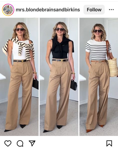 Tan Collared Shirt Outfit, Camel Pants Outfit Casual, Light Beige Trousers Outfit, Beige Tailored Pants Outfit, Beige Pantalon Outfit, Khaki Slacks Outfit Women, Camel Wide Leg Pants Outfit, Pantalon Camel Outfits Mujer, Breton Outfit