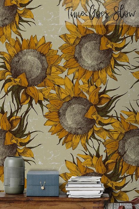 Retro Sunflowers Removable Wallpaper Colorful Field Flora | Etsy Canada Fantastic Wallpapers, Wallpaper Colorful, Make Dreams Come True, New Home Decor, Sunflower Wallpaper, Brick Wallpaper, Wood Wallpaper, Tropical Decor, Geometric Wallpaper