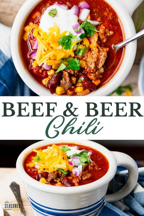 A classic beef and beer chili recipe with robust flavor, just the right amount of zesty seasoning, and a thick, rich texture. Chilli With Beer Recipe, Beef And Beer Chili, Chili With Beer Recipe, Best Damn Chili Recipe, Chili Recipe With Beer, Freezer Prep Meals, Beer Chili Recipe, Beer Chili, Homemade Chili Recipe