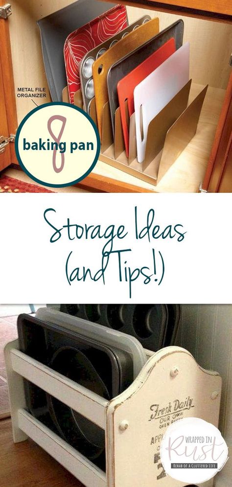 8 Baking Pan Storage Ideas (and Tips!) #Kitchenorganizationideascabinets Kitchen Tray Storage Ideas, Storage Ideas For Cookie Sheets, Organizing Cookie Sheets, Baking Sheet Storage Ideas, Diy Baking Pan Organizer, Diy Baking Sheet Organizer, Diy Sheet Pan Organizer, Baking Pantry Ideas, Organize Baking Pans