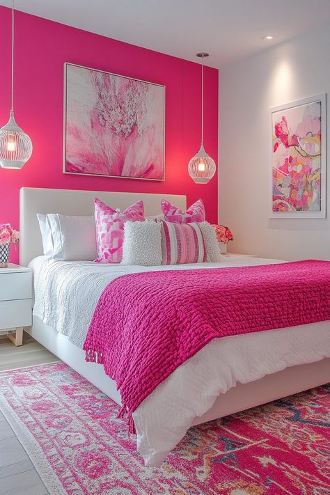 29 Pink and White Bedroom Ideas for a Soft and Elegant Look 24 Pink And White Bedroom Ideas, Hot Pink Room, Hot Pink Bedrooms, Pink And White Bedroom, Pink Kitchen Ideas, Pink Accent Walls, Pink Bedroom Walls, Hot Pink Walls, Bedroom Ideas For Small Rooms Diy