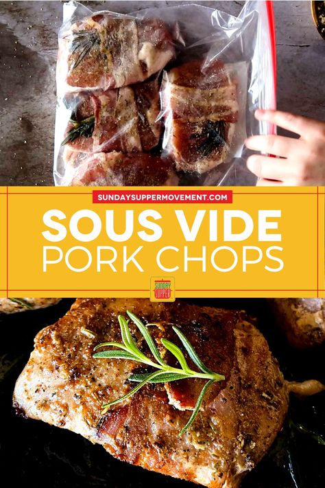 Perfectly juicy and tender Sous Vide Pork Chops are so flavorful from rosemary garlic seasoning, bacon slices, and a quick sear in butter. Cook pork chops sous vide for the best results every time! #SundaySupper #sousvide #sousvidecooking #sousviderecipes #sousvideporkchops #porkchops #baconwrapped Sous Vide Bacon, Easy Entrees, Sous Vide Pork Chops, Pork Chops Bone In, Bacon Wrapped Pork Chops, Sous Vide Pork, Cooking Pork Chops, Bacon Wrapped Pork, Sous Vide Recipes