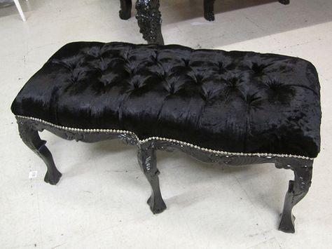 4056 BLACK, TUFTED, VELVET BENCH This glamorous bench looks incredible anywhere in your house - be it at the foot of your bed, in front of the fireplace or in the passageway. It is upholstered in the highest quality velvet and finished with a beautiful shiny chrome nailhead trim. Seated upon six, intricately carved mahogany legs, this bench is durable and beautiful. Rocker Glam, Gothic Homeware, Black White Bedrooms, Goth Bedroom, Gothic Room, Gothic Culture, White Bedroom Design, Velvet Bench, Paris Decor