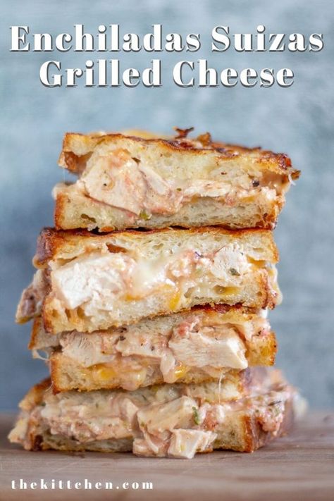 Enchiladas Suizas Grilled Cheese Recipe | Mexican Grilled Cheese Tomatillo Enchilada Sauce, Chicken Grilled Cheese Sandwich, Spicy Grilled Cheese, Cheesy Sandwich, Enchiladas Suizas, Grilled Cheese Recipe, Roasted Tomatillo, Recipe Mexican, Homemade Enchilada Sauce