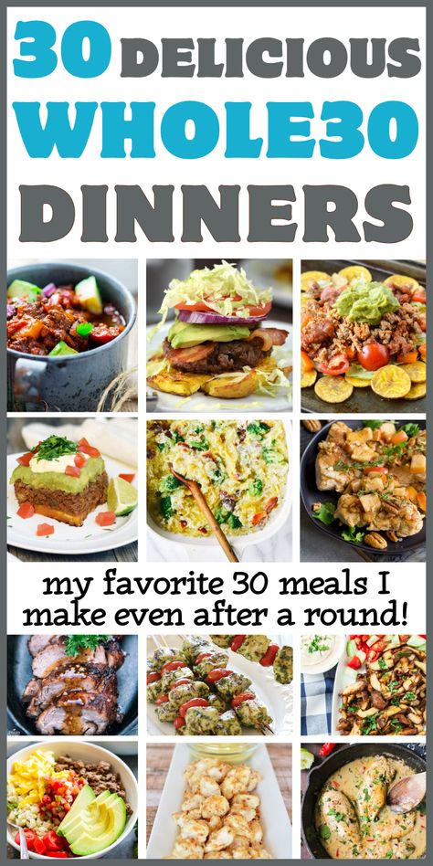 Worried that trying Whole 30 will leave you feeling deprived? Don't believe the myth! There are so many delicious easy Whole30 recipes!  Here are 30 of my personal favorite dinners - enough to get you through the whole 30 days!  I eat these Whole30 dinner over & over again, even after a round. Trust me, they are the BEST. These recipes are perfect for a healthy eating lifestyle - also great for those who are clean eating or a paleo diet! Whole30 Dinners for Family Meal Prep Dessert, Dinners For Family, Easy Whole30 Recipes, The Whole 30, Healthy Eating Lifestyle, Easy Whole 30 Recipes, Whole30 Dinner, Clean Eating Lifestyle, Whole30 Dinners