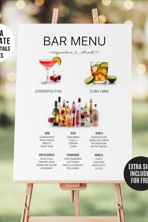 Rum Signature Drinks Wedding, Drink Wedding, Wedding Bar Menu Template, Signature Wedding Drinks Sign, Bar Menu Template, Wedding Drink Menu, Wedding Bar Menu Sign, Cafe Business, Cocktail Sign