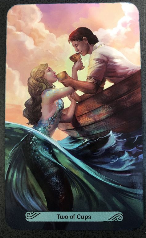 The Two of Cups encourages you to let love be your guide. You refuse negative self-talk. You are aware of your unhealthy patterns and you break them. Tarot Mucha, Mermaid Tarot, Two Of Cups, Sacred Union, Cups Tarot, Angel Tarot Cards, Angel Tarot, Mermaids And Mermen, Answer The Question